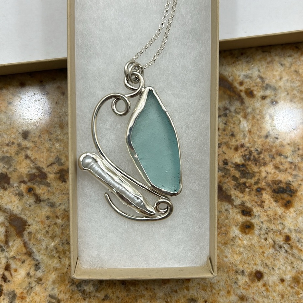 Handmade sea glass and pearl necklace in sterling silver